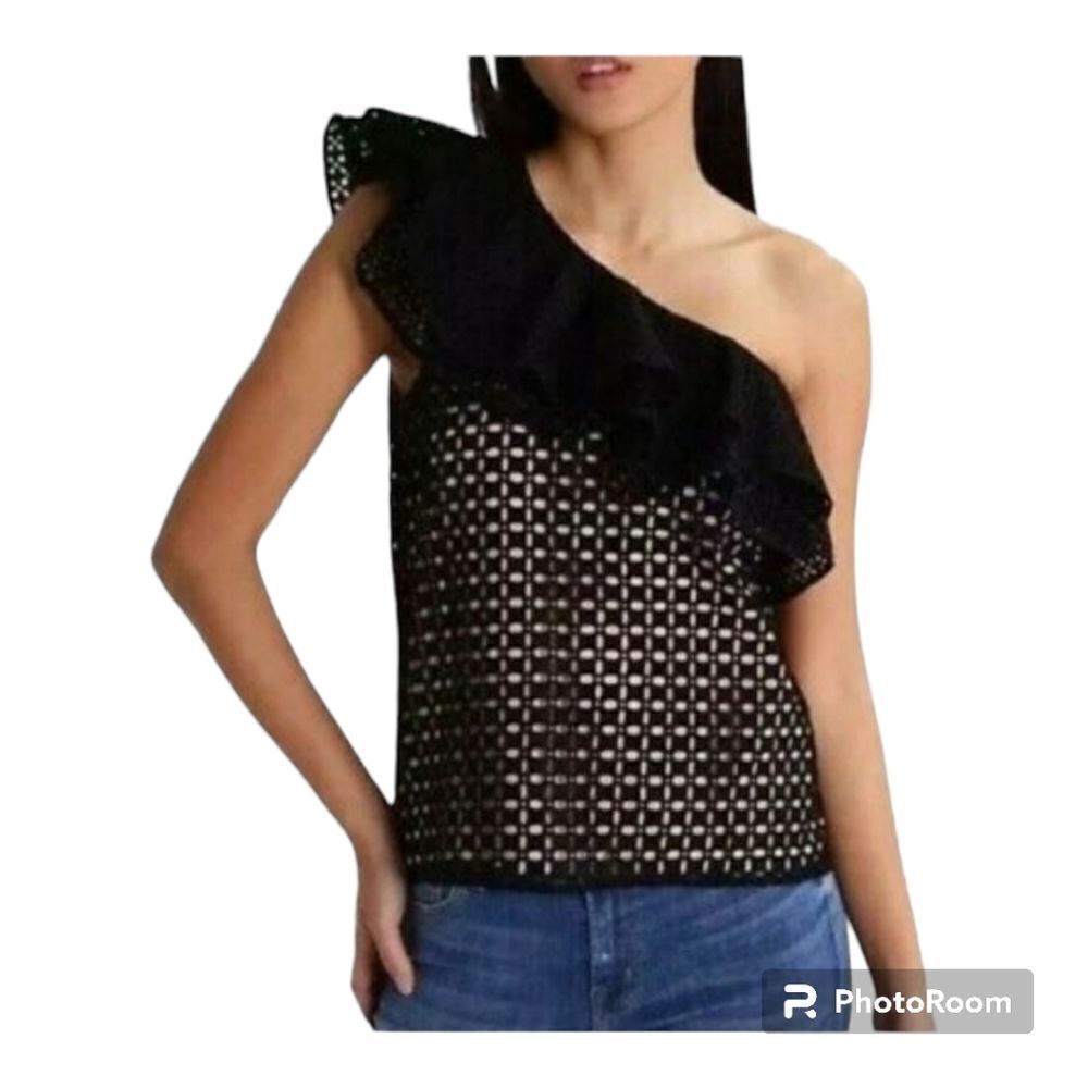 J.Crew Black Cotton Eyelet Lace Ruffled One-Shoulder Top Black Blouse Size 2